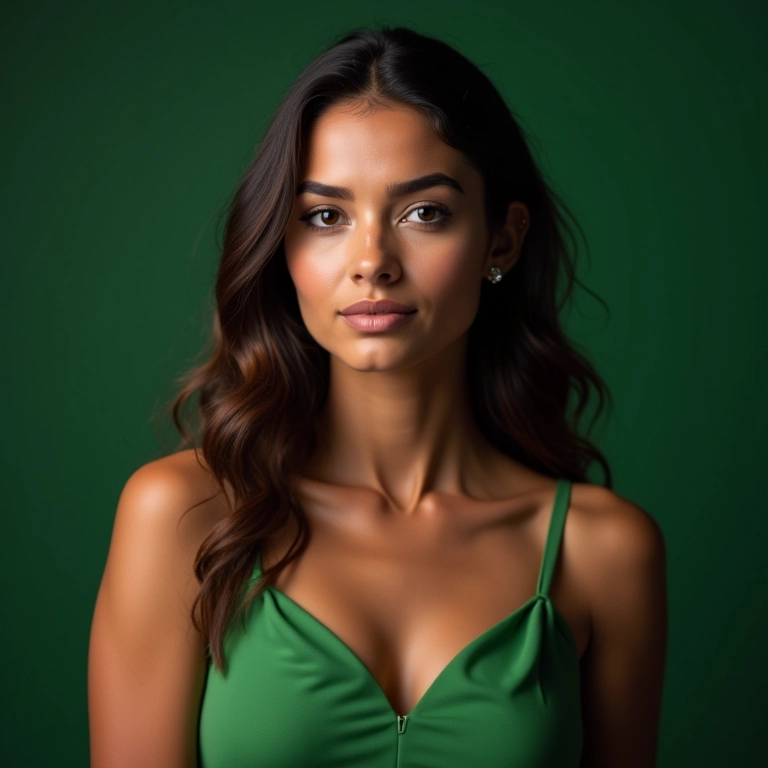 Teste de maquiagem antes do evento com vestido verde.