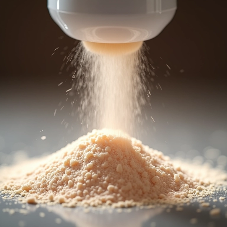 Textura ultrafina de pó solto sendo peneirado.