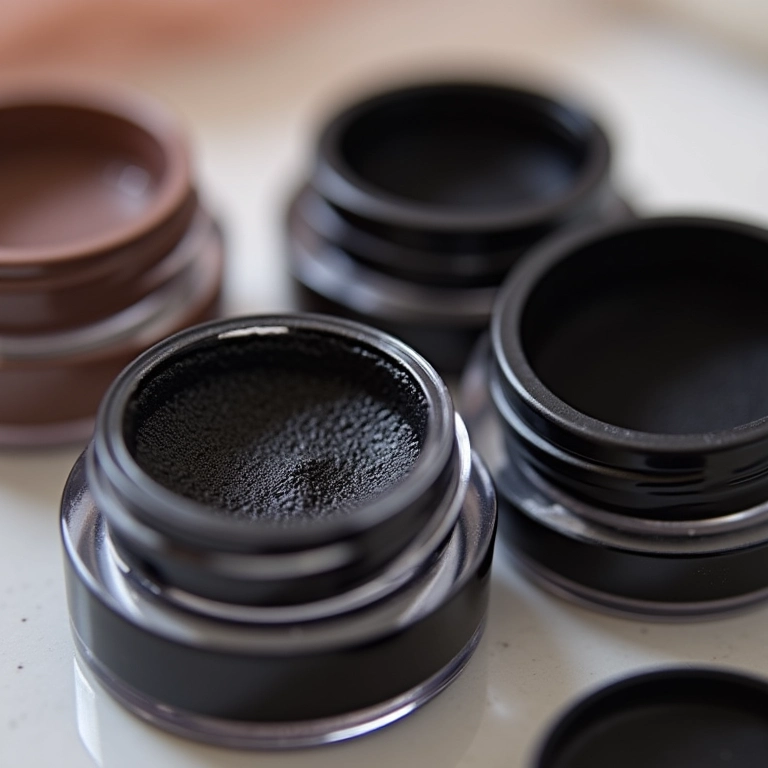 Texturas de delineador em gel em diferentes potes.