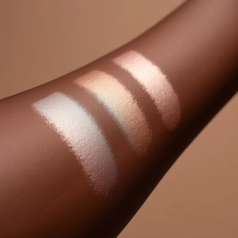 Texturas de iluminador (pó, creme e líquido) em pele negra.