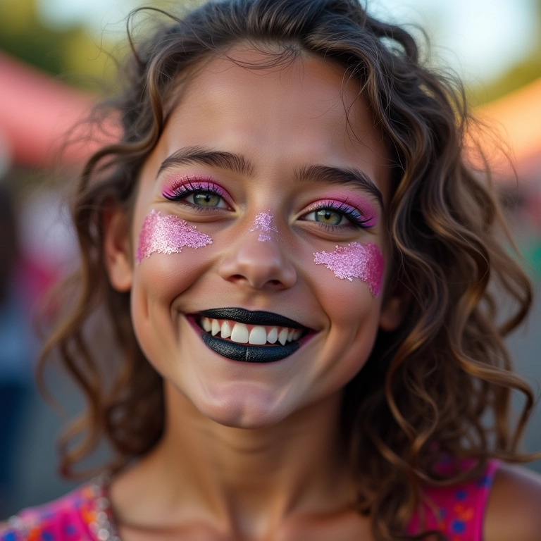 Toque divertido com batom preto com glitter para festa.
