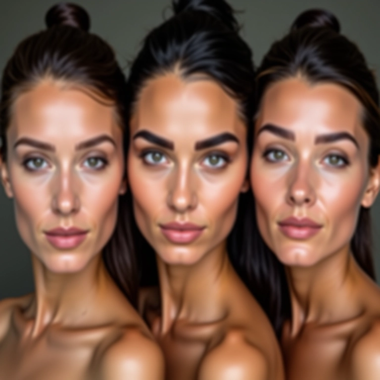 Três mulheres com diferentes níveis de cobertura de base em pó.