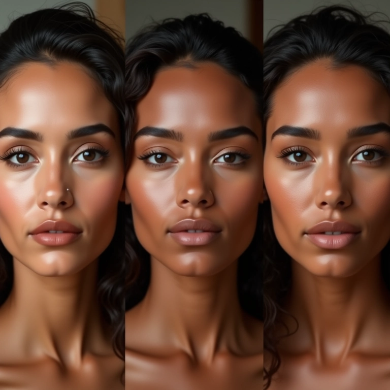 Três mulheres diversas com diferentes tons de pó para contorno adaptados à pele.