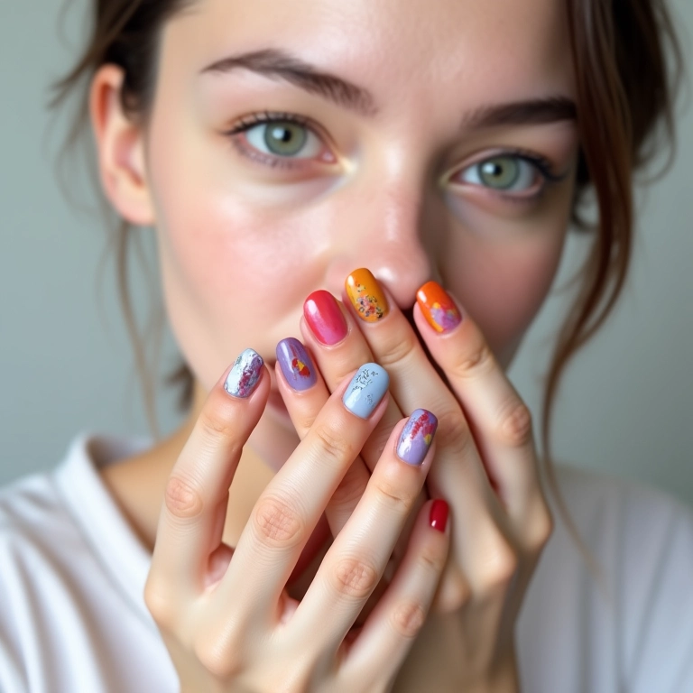 Unhas coloridas com design artístico em jovem adulta.