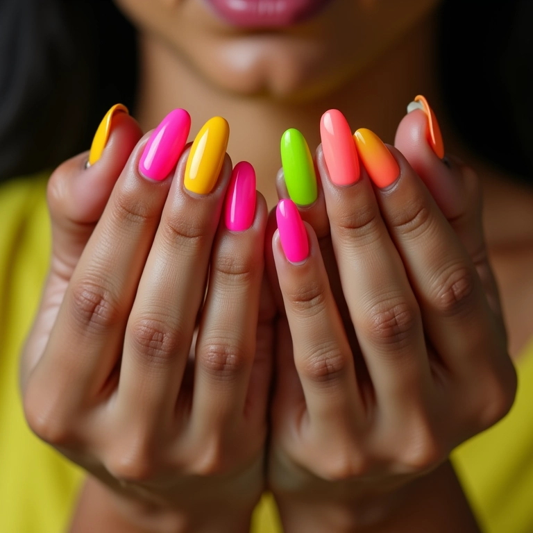 Unhas com esmalte neon em tons de verde, rosa e amarelo.