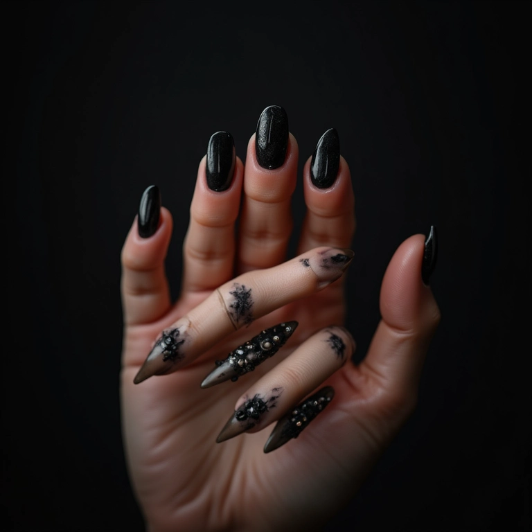 Unhas decoradas com esmaltes escuros, adicionando um toque gótico e elegante ao visual.