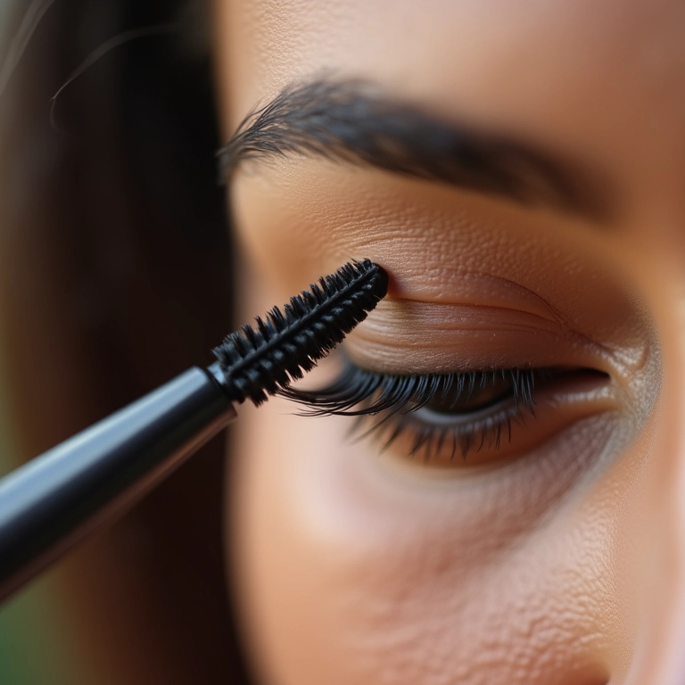 Unindo cílios postiços aos naturais com rímel.