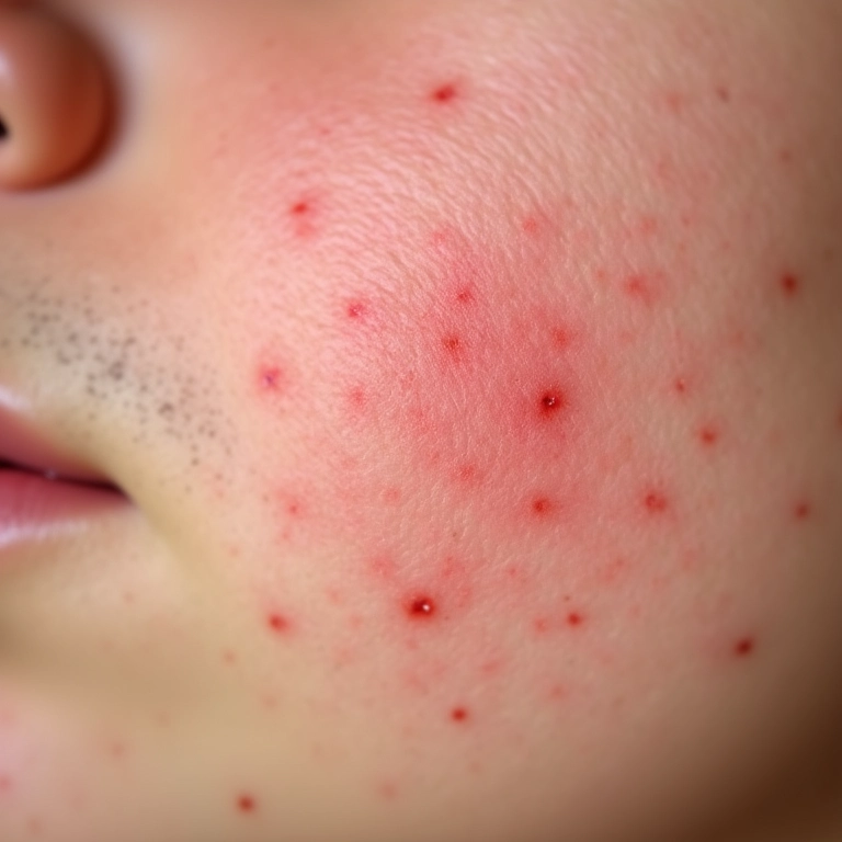 Urticária (placas vermelhas que coçam) na pele após uso de maquiagem.