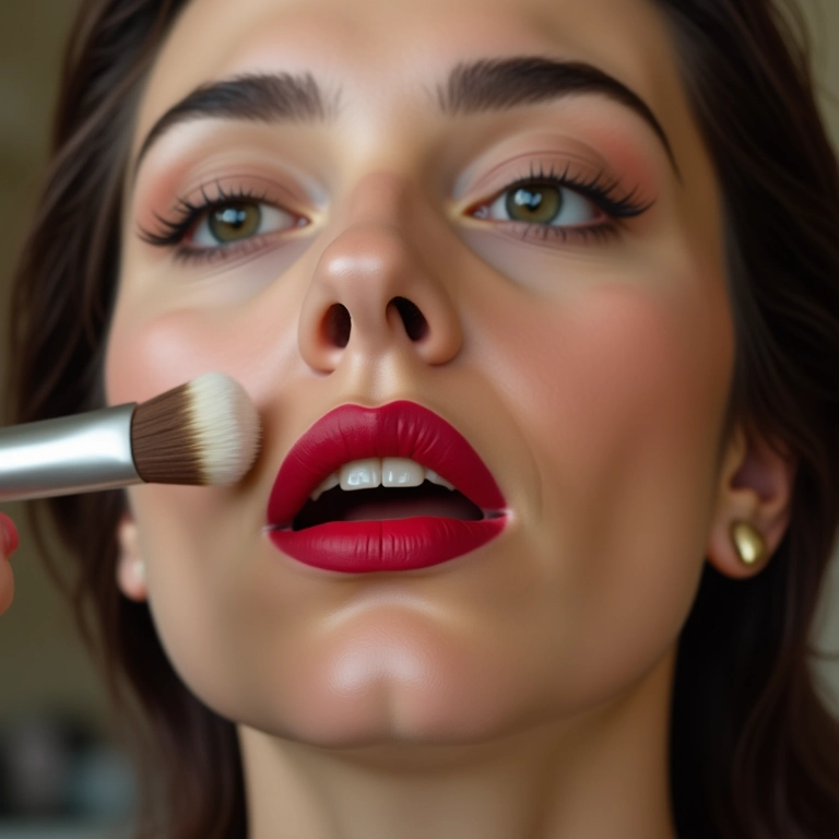 Usando corretivo para limpar o contorno dos lábios com batom vermelho.