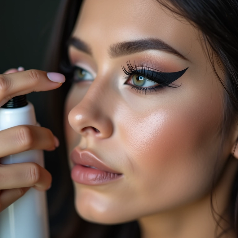 Usando fixador de maquiagem para durabilidade do delineado gráfico.