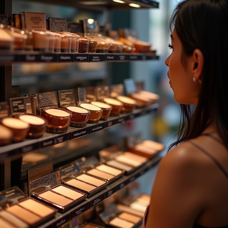 Variedade de bronzers de diferentes marcas em uma loja de cosméticos.