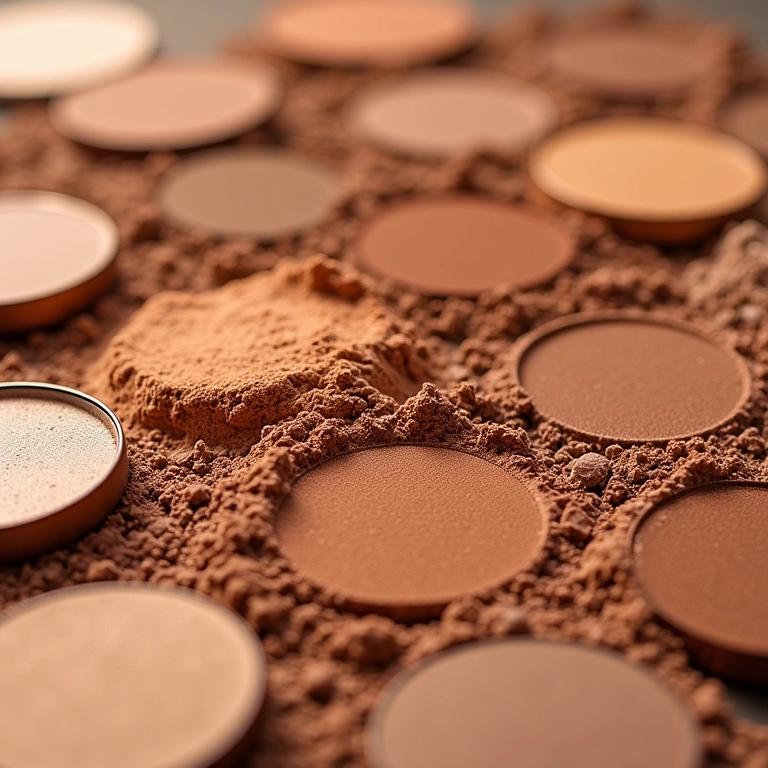 Variedade de bronzers minerais em pó compacto e solto.