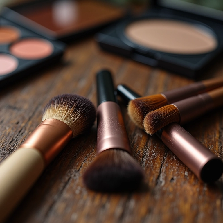 Variedade de pincéis de esfumar em mesa de madeira com maquiagem.