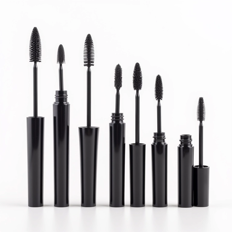 Variedade de pincéis de máscara para cílios, cada um oferecendo um efeito diferente.