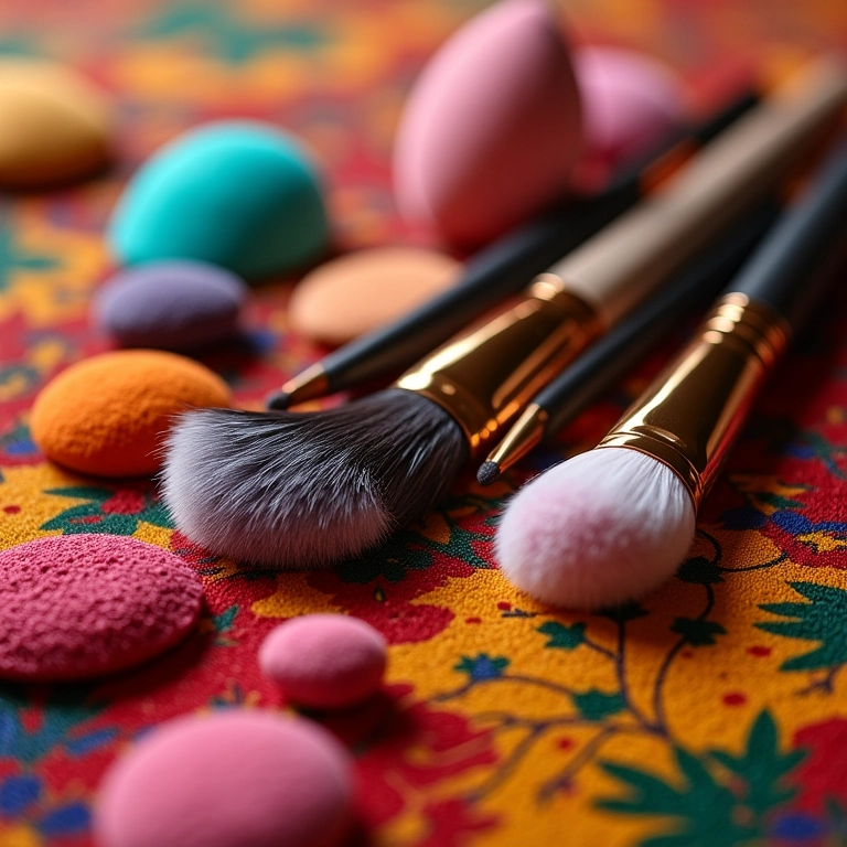 Variedade de pincéis e esponjas de maquiagem em tecido colorido.
