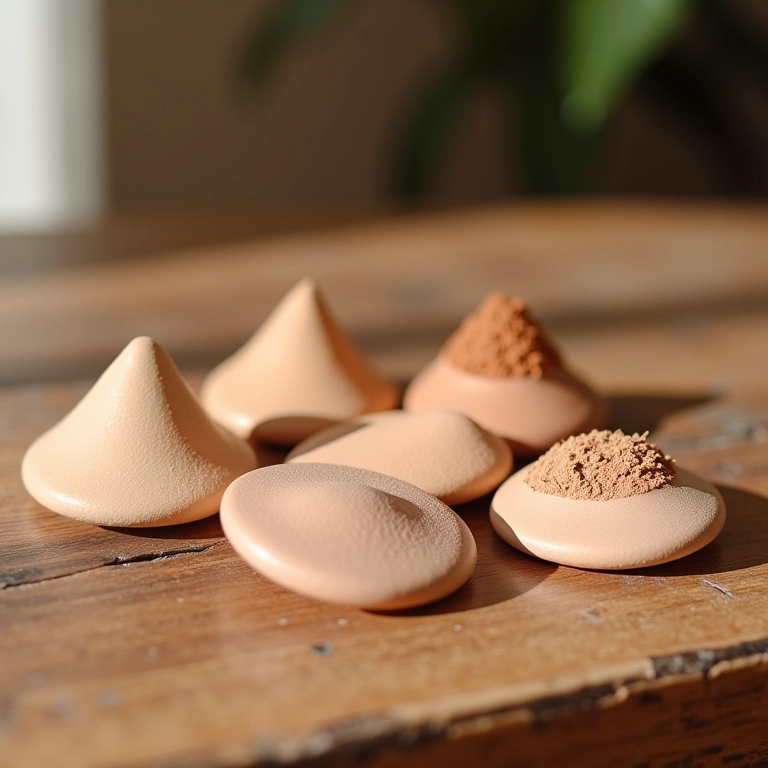 Variedade de pós compactos e bases em pó em mesa de madeira rústica.