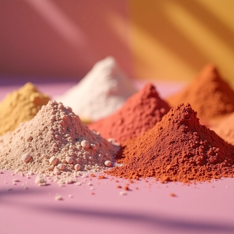 Variedade de pós de acabamento em embalagens diversas sobre penteadeira colorida.