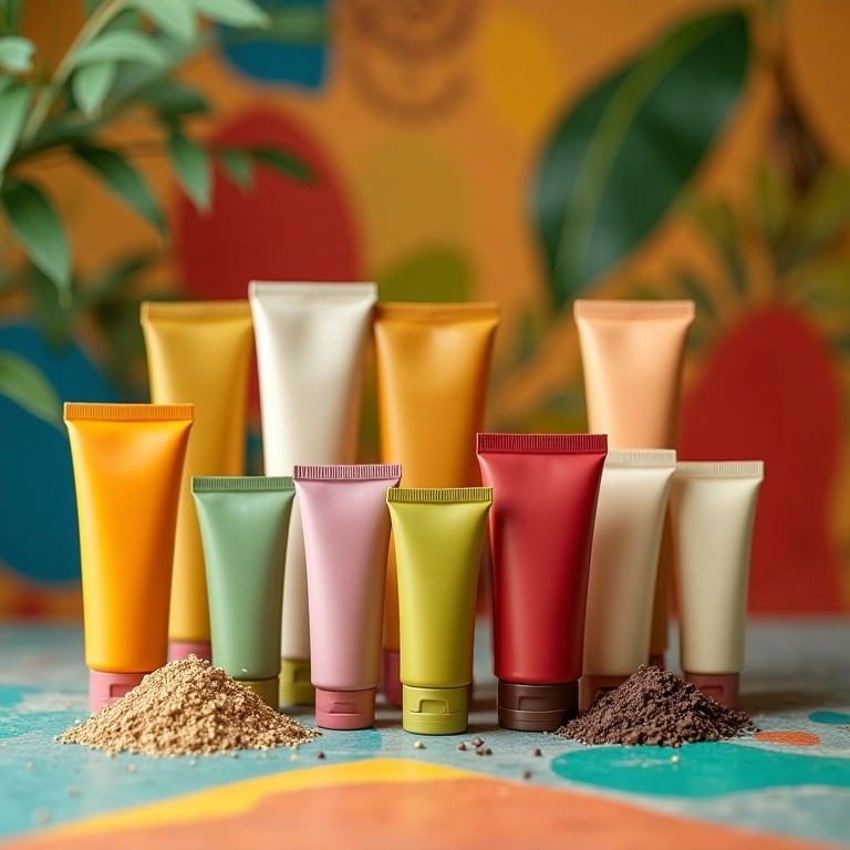 Variedade de produtos em bisnaga em uma mesa colorida