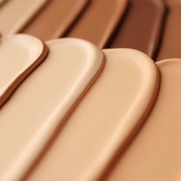 Vários tons de base ideais para maquiagem nude em uma mesa de maquiagem.