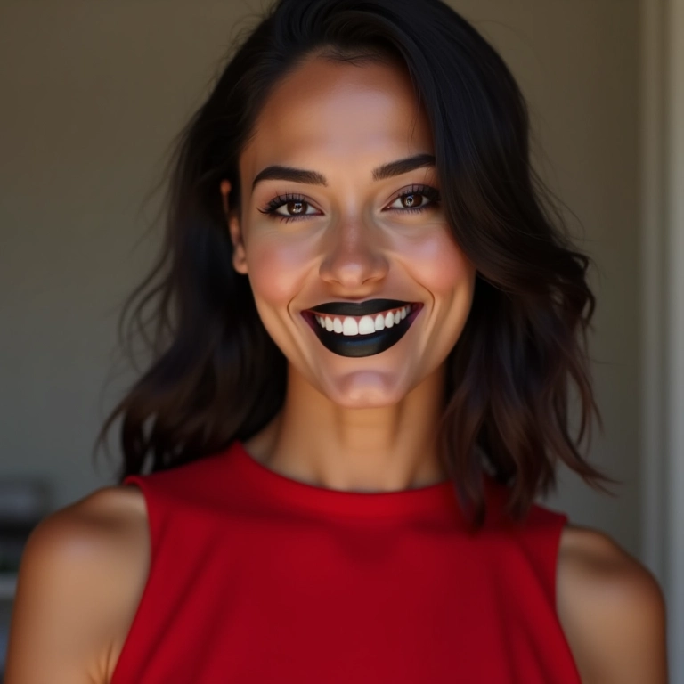 Visual clássico com batom preto cremoso e vestido vermelho.