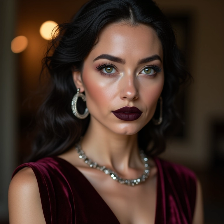 Visual elegante com batom preto vinho e vestido de veludo.