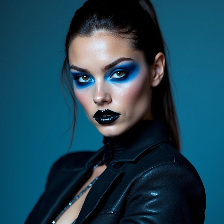 Visual moderno com batom preto azulado e roupa futurista.