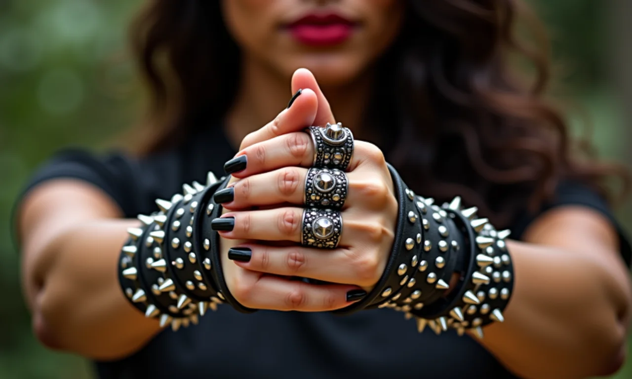 Acessórios com spikes e tachas complementando o visual rock.