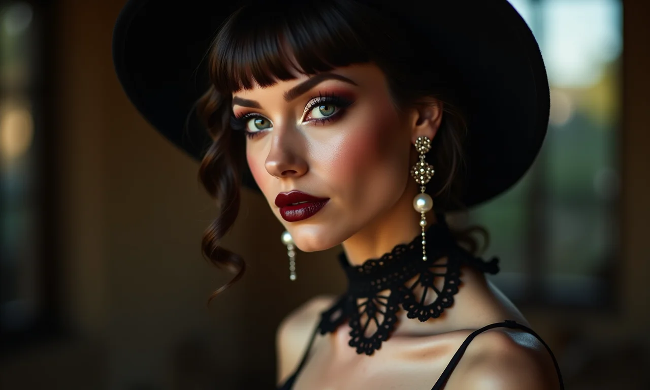 Acessórios complementando a maquiagem estilo dark coquette: gargantilha de renda e brincos de pérola.