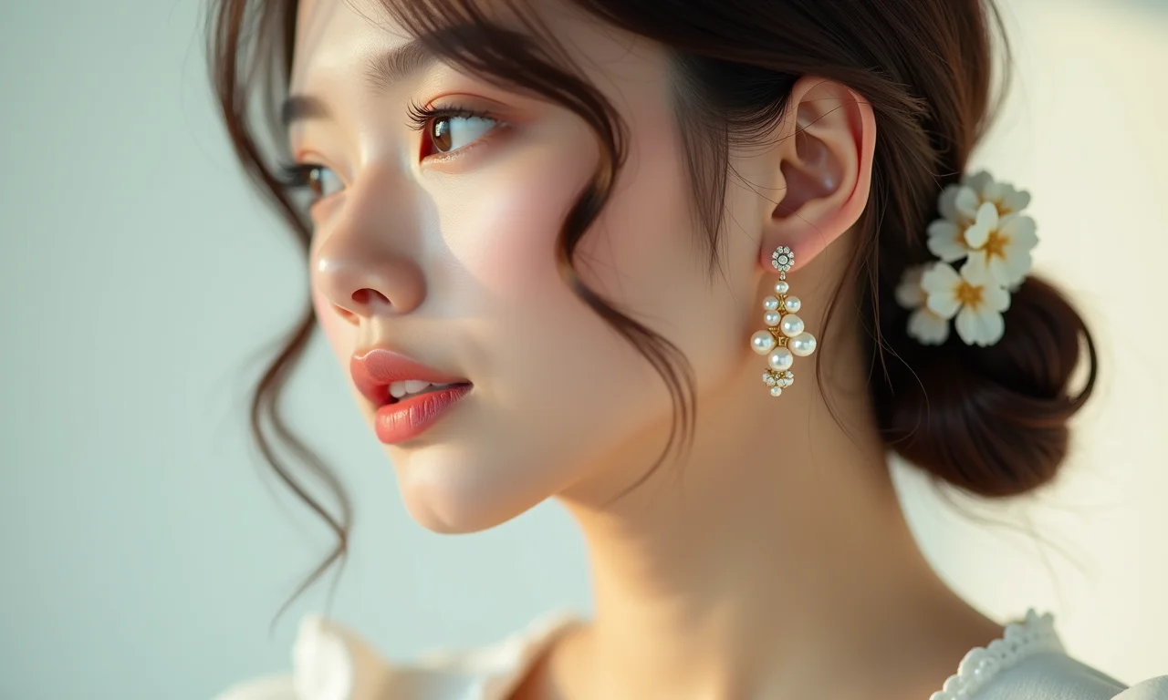 Acessórios delicados como brincos de pérola e presilhas de cabelo.