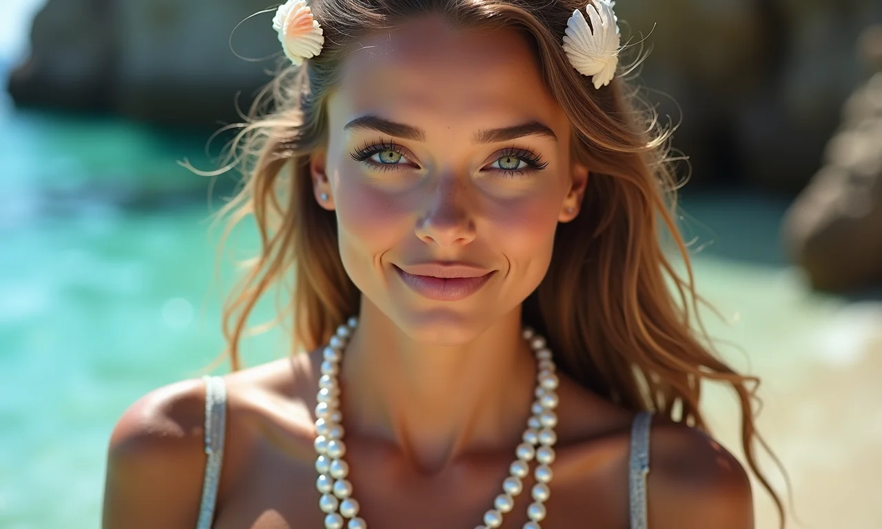 Acessórios temáticos para maquiagem de sereia, como conchas e pérolas.