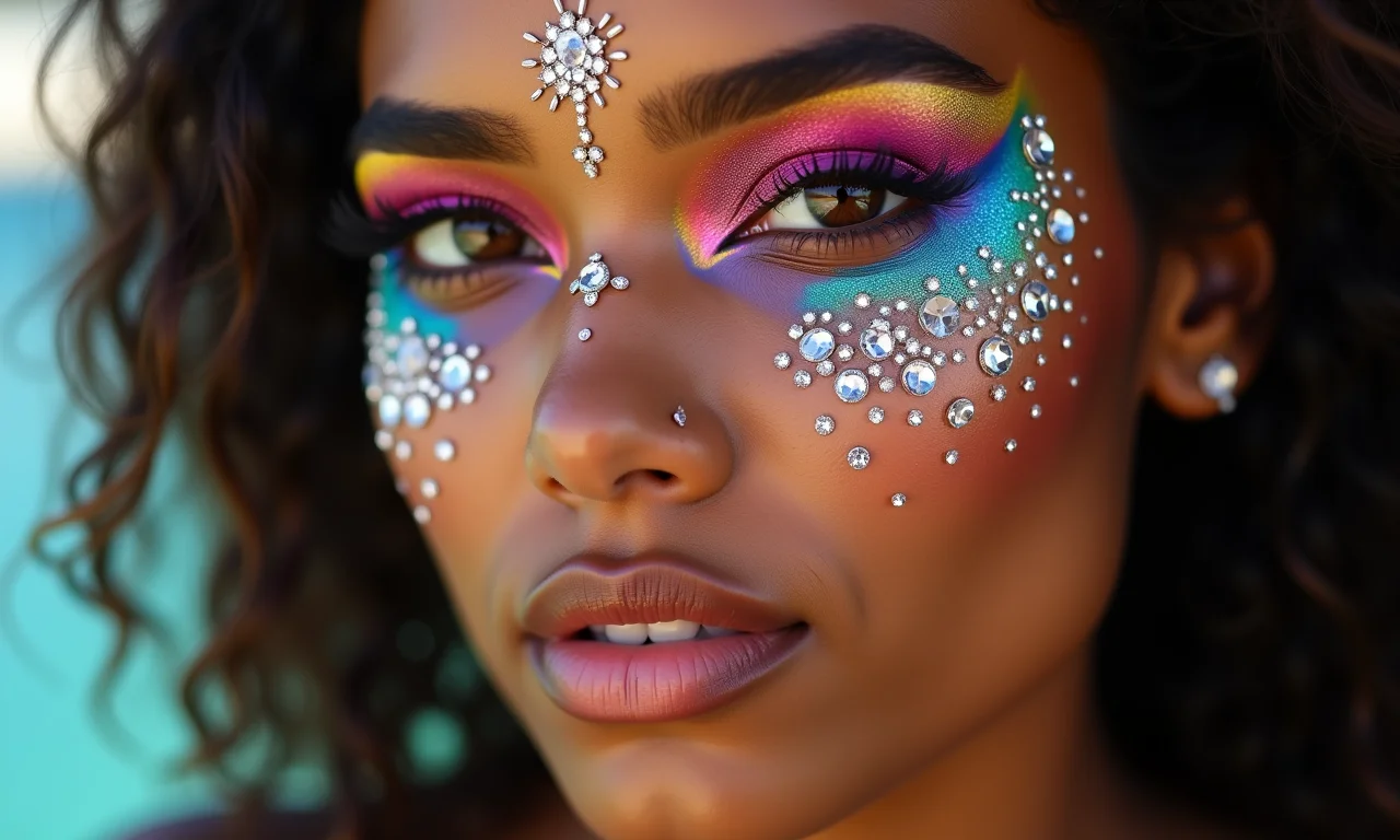 Adesivos e strass faciais em mulher brasileira.