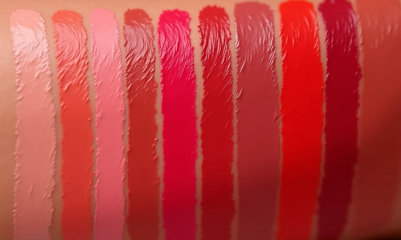 Amostras de batons em pele morena.