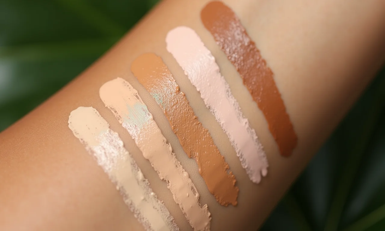 Amostras de corretivo em diferentes tons na pele de uma mulher brasileira.