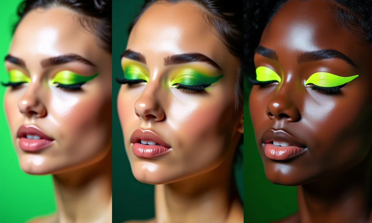 Amostras de delineador neon verde em diferentes tons de pele.