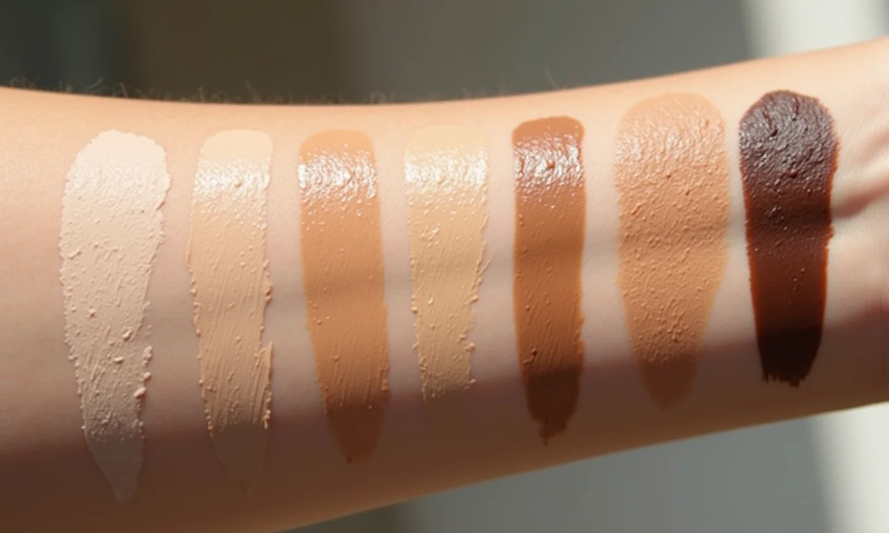 Amostras de diferentes tons de base em diversos tons de pele.