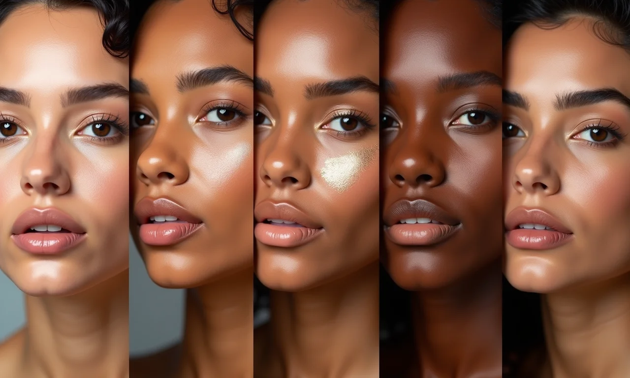 Amostras de iluminadores em diferentes tons de pele.