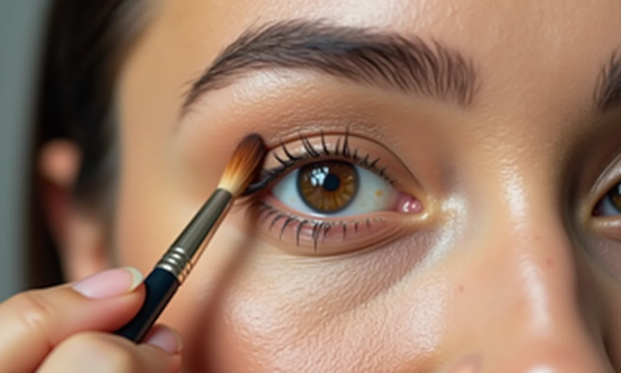 Aplicação da sombra de transição no passo 1 da maquiagem.