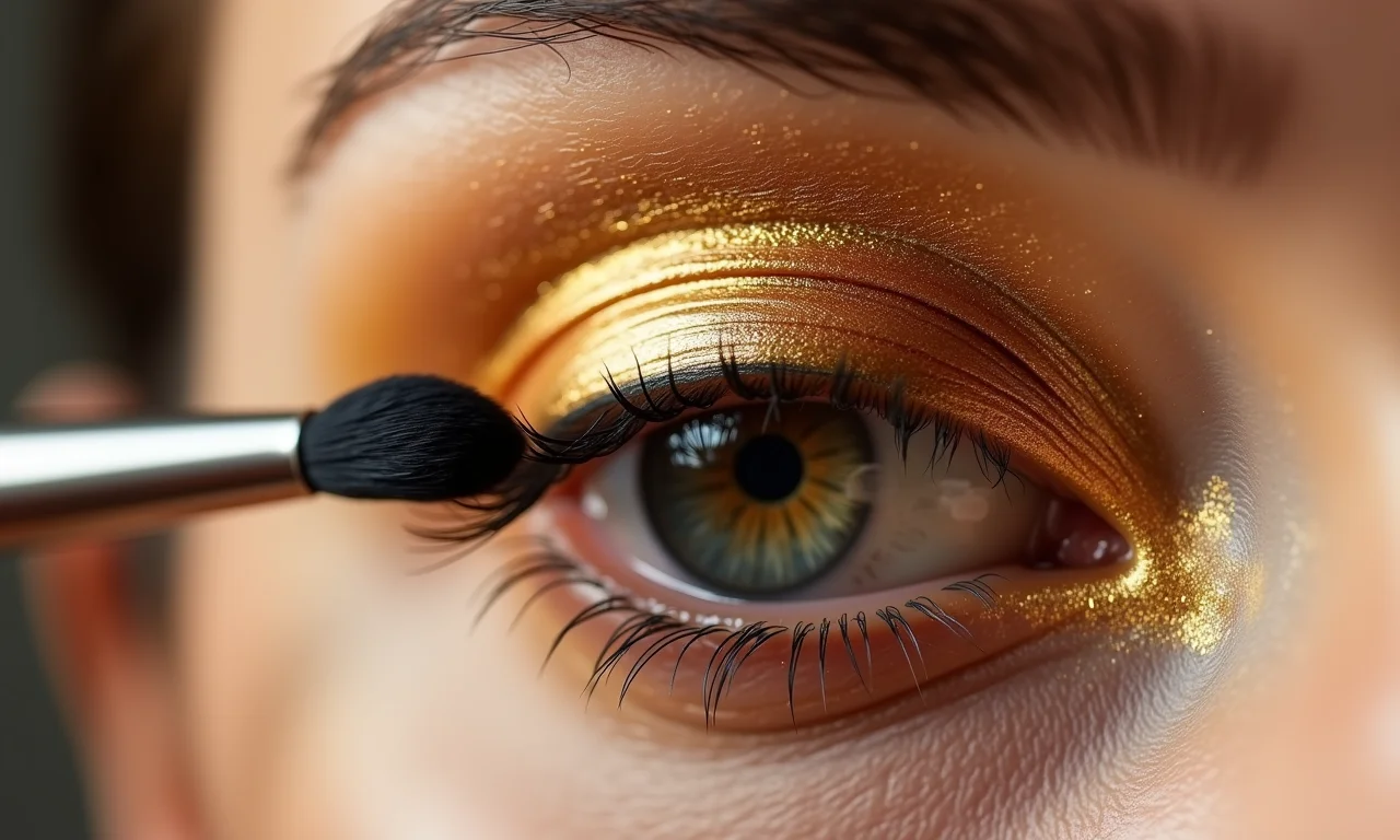 Aplicação da sombra dourada no passo 2 da maquiagem.
