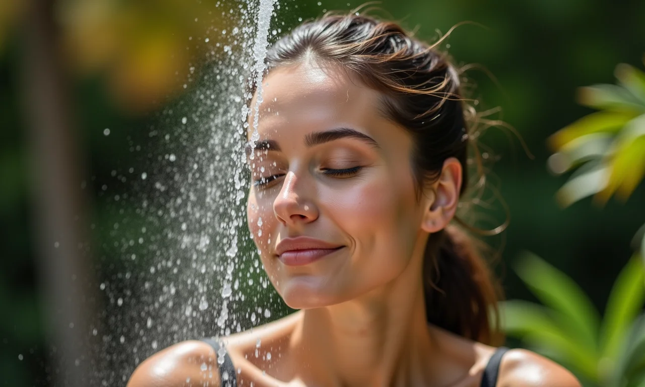 Aplicação de água termal para refrescar a pele.