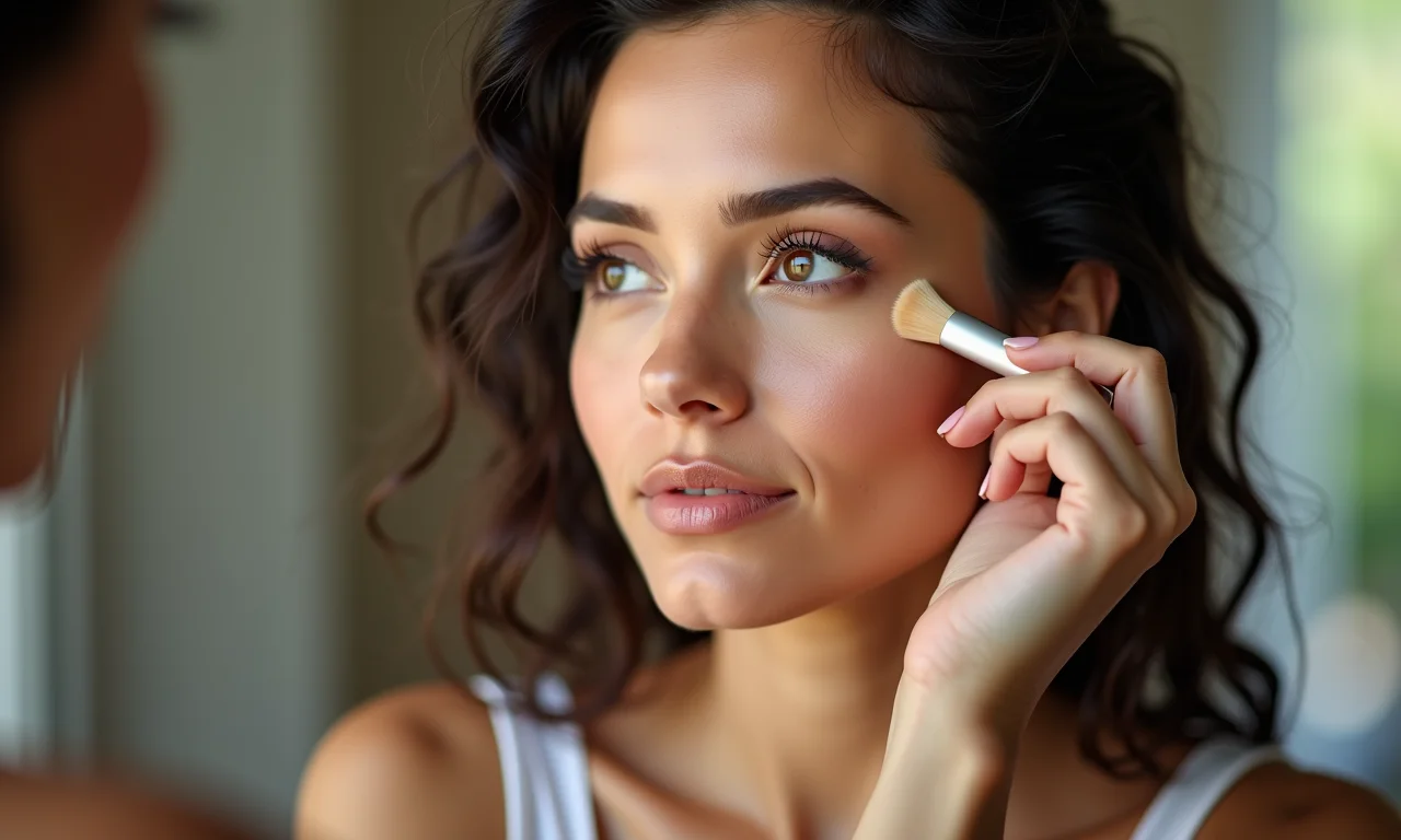 Aplicação de base e corretivo para uniformizar a pele e iluminar o rosto.