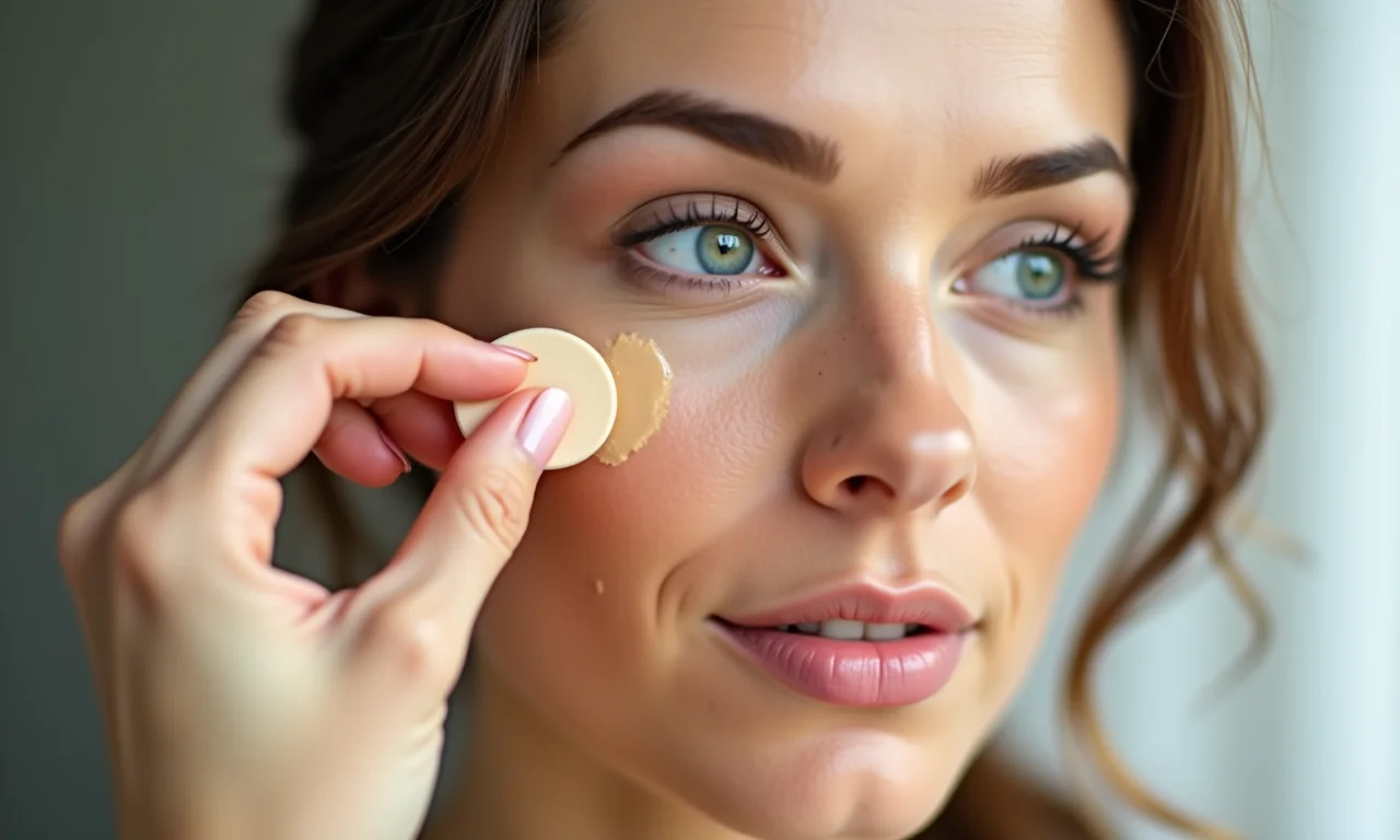 Aplicação de base leve com FPS no rosto com esponja de maquiagem.
