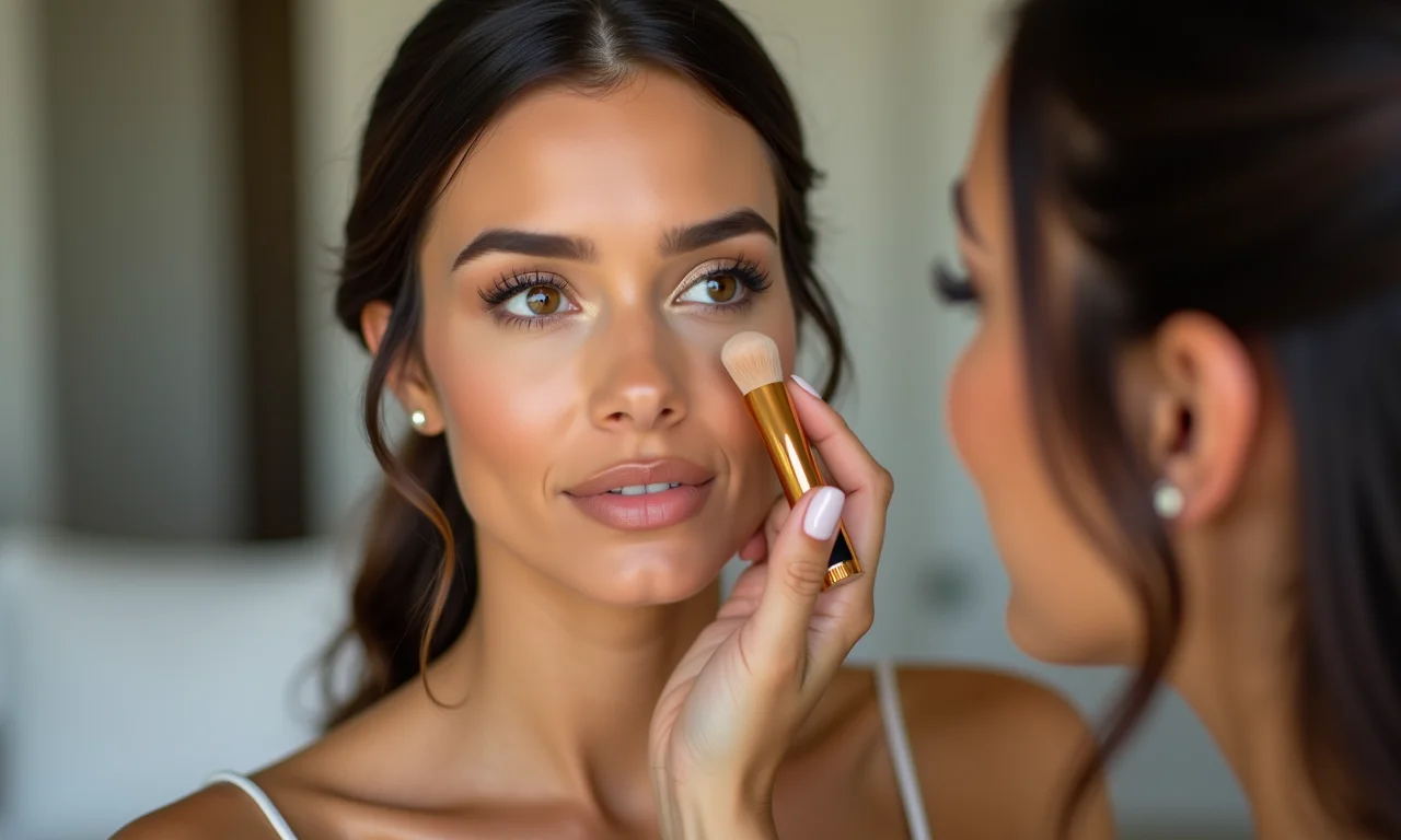 Aplicação de base leve e iluminada para maquiagem de casamento.