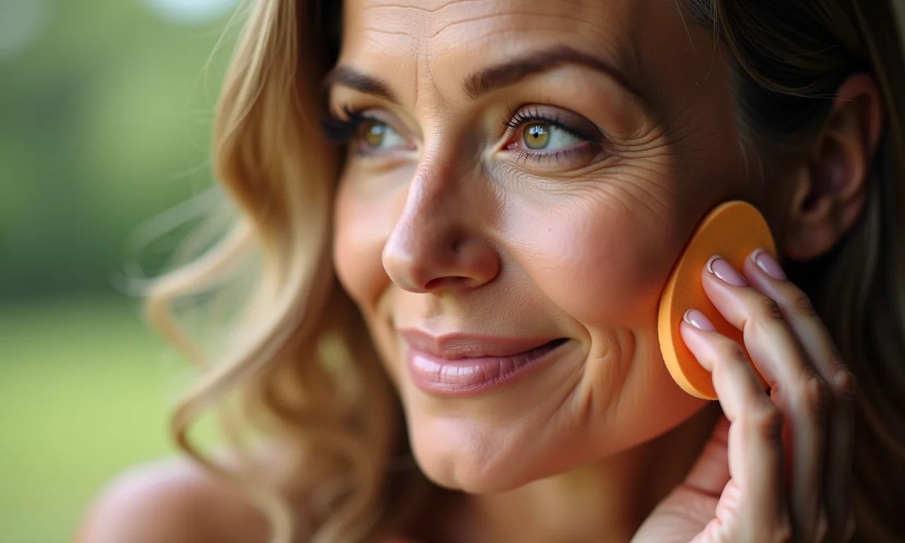 Aplicação de base leve e iluminadora em pele madura.