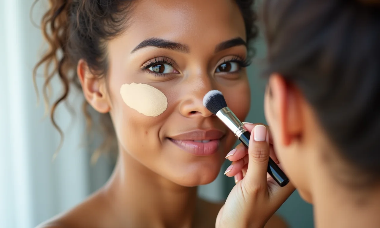 Aplicação de base matte de cobertura leve na pele oleosa.