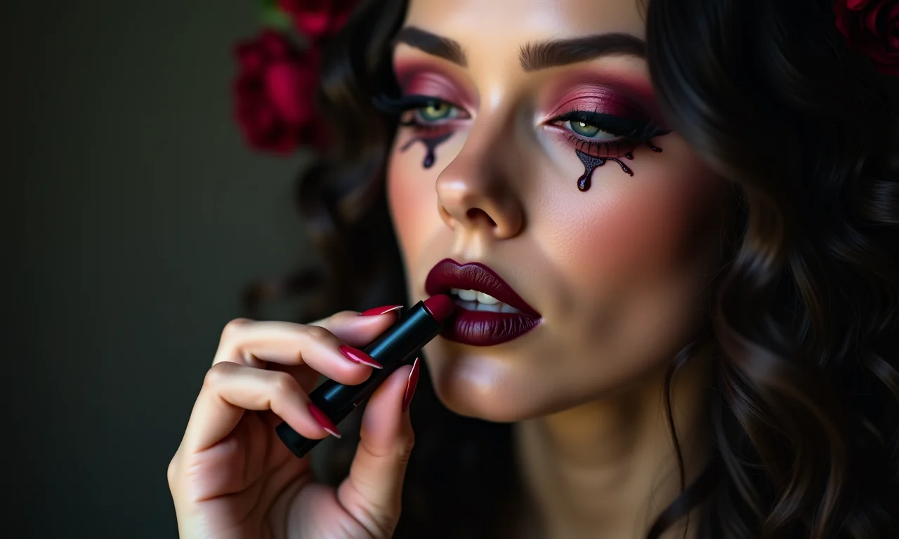 Aplicação de batom escuro para um toque gótico suave na maquiagem dark coquette.