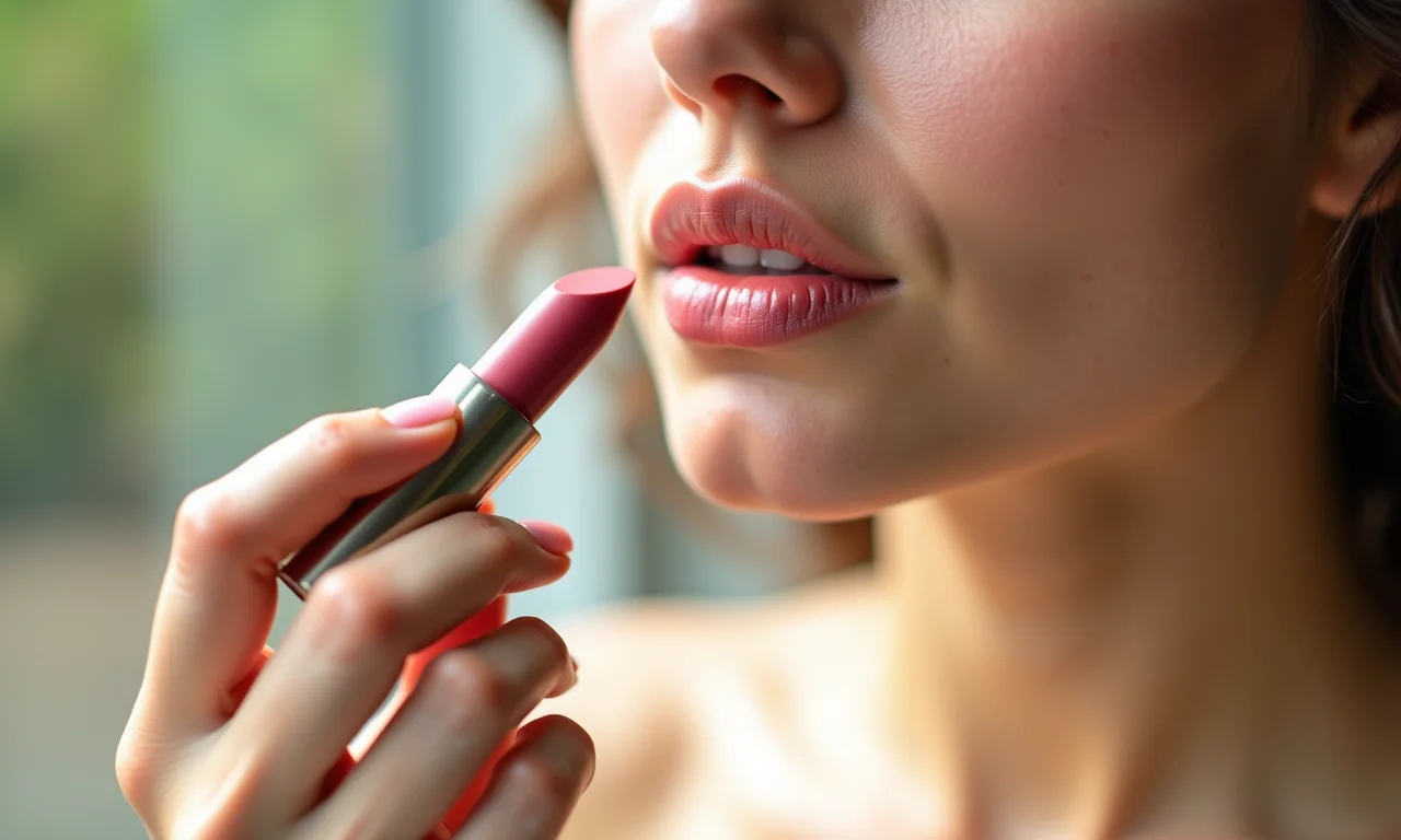 Aplicação de batom hidratante em lábios.
