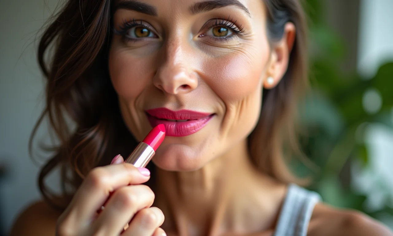 Aplicação de batom vibrante e hidratante em lábios maduros.