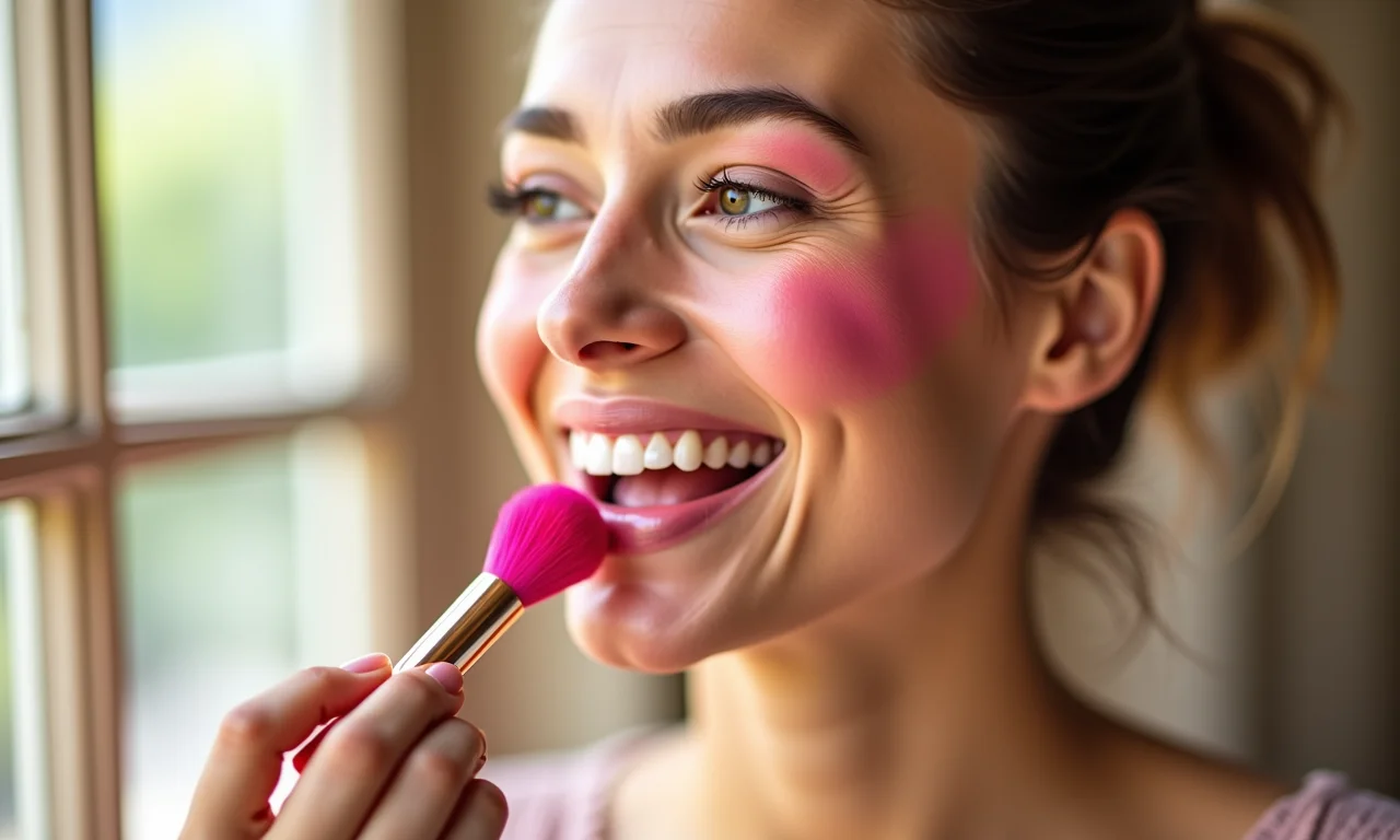 Aplicação de blush com pincel chanfrado.