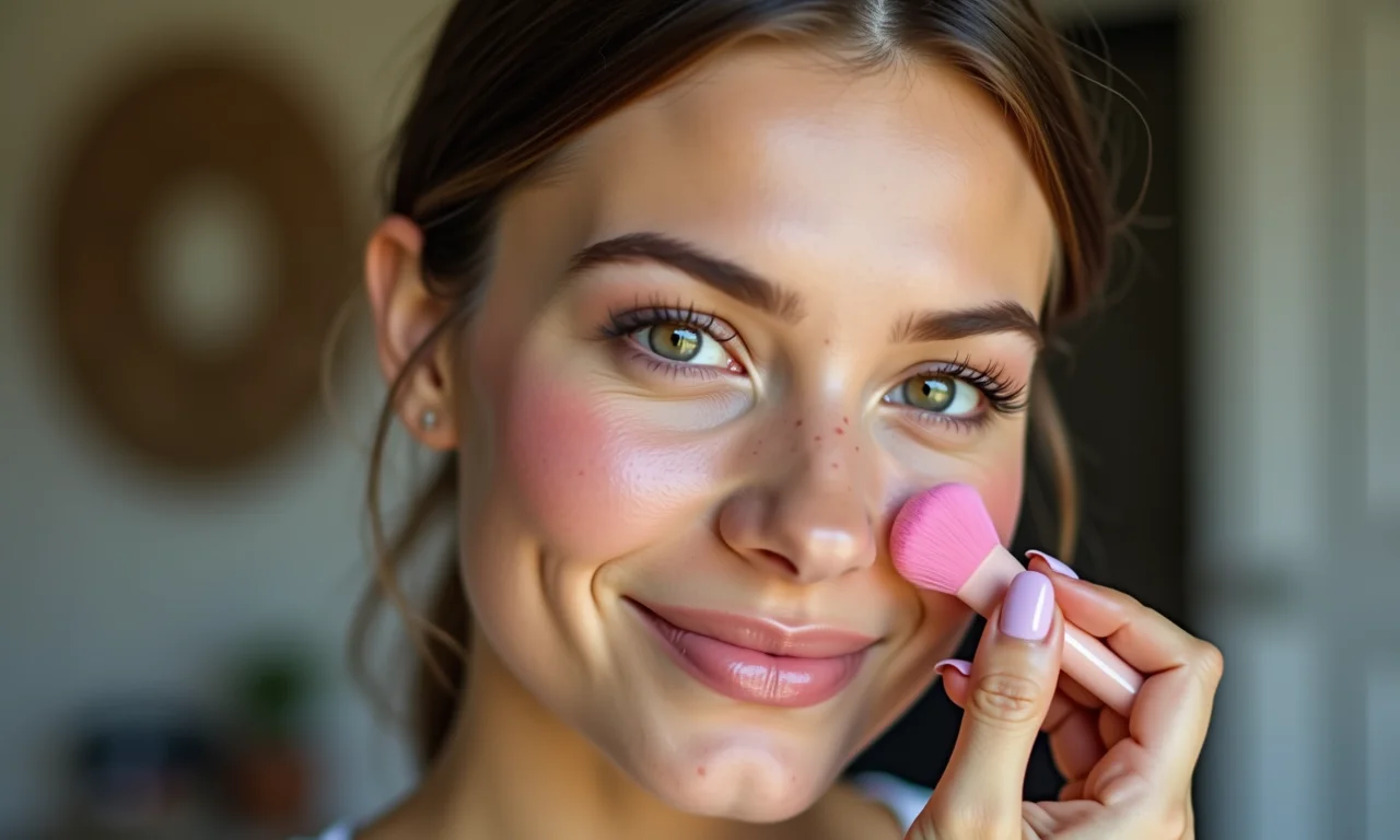 Aplicação de blush cremoso nas bochechas.