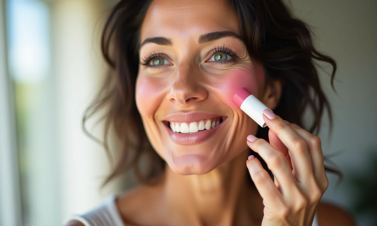 Aplicação de blush cremoso para um toque de saúde em pele madura.